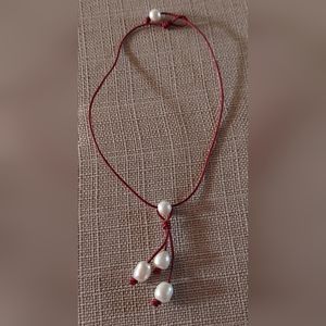Brand New Handmade Red Leather & White Pearl Dangle Necklace